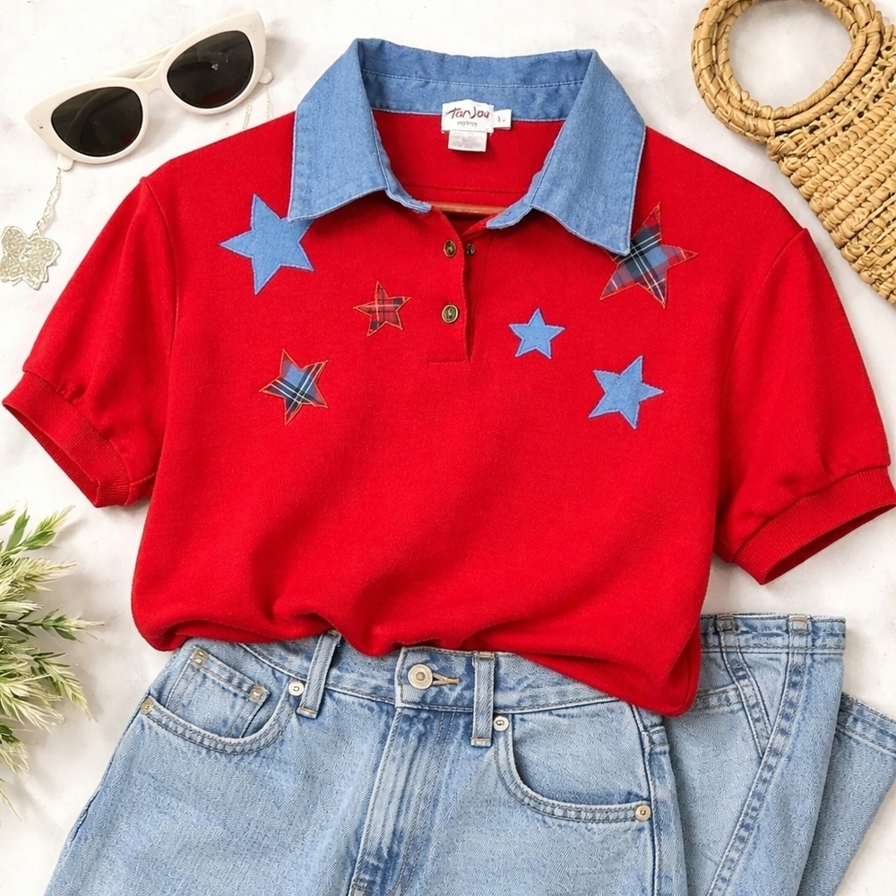 Vintage 90s Tan Jay Petite Star Appliqué Knit Top Red Blue Americana Size L
